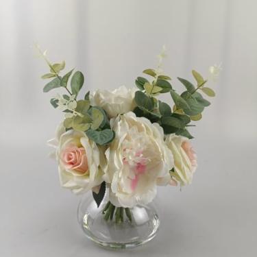 Imagem de homfan 4 rosas realistas + 4 peônias em vaso de vidro com água sintética, arranjos de flores artificiais para centros de mesa de casamento e casa