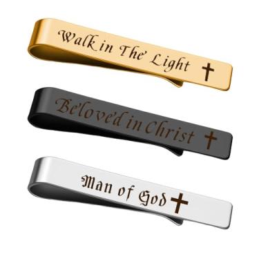 Imagem de Conjunto de 3 clipes de gravata Man Of God – Padrinho afilhado presentes de Natal gravados para homens, filho, marido, pai, presentes de aniversário da esposa, Small, Metal não precioso, Sem Pedra