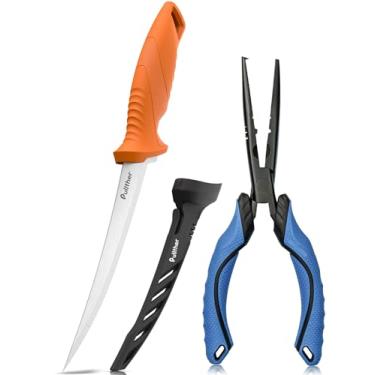 Imagem de pullther fishing Kit de ferramentas de pesca de 2 peças – faca de filete de 18 cm, alicate de pesca de aço carbono de 23 cm, removedor de anzóis multiferramentas para água salgada e doce