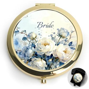 Imagem de BUZCOZY Espelho compacto floral azul noiva, espelho de maquiagem dourado costeiro elegante para noiva, presente de noivado e chá de panela, espelho de maquiagem de viagem para mulheres, lembrancinha