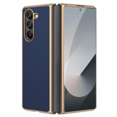 Imagem de Capa de couro para Samsung Galaxy Z Fold 7, capa ultrafina com borda dourada, suave, anti-riscos, à prova de impactos (azul)
