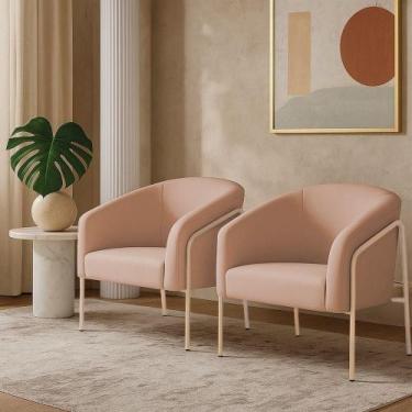 Imagem de Poltrona Sala Industrial Alta Champanhe Kit 2 Stella Veludo Rosê D03 -