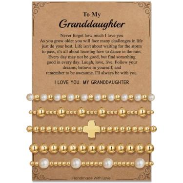 Imagem de Pulseira de contas de placa de ouro para mulheres: Pulseira de cruz de pérola delicada banhada a ouro 14K extensível para mulheres - Presentes de aniversário de Natal para filha, sobrinha, neta, 6.7