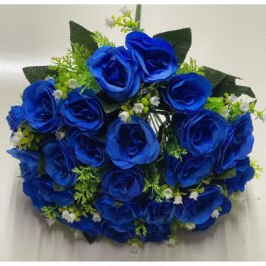 Imagem de Rosa Artificial Decorativa com 24 Flores – Buquê para Arranjos, Festas, Casamento e Decoração de Interiores(Azul Royal,Kit com 3)