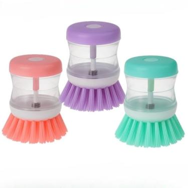 Imagem de Kit de 3 Escovas de Limpeza Multiuso - com Dispenser de Detergente, Lava-Louça Não Risca, Ideal para Cozinha, Banheiro e Utensílios Residenciais (3 Unidades)