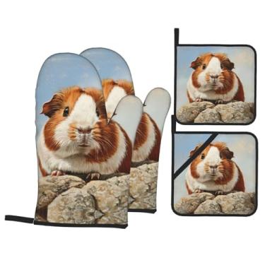 Imagem de Luvas de cozinha resistentes ao calor com estampa de porquinho-da-índia e suporte de panela, luvas de forno confortáveis para cozinhar