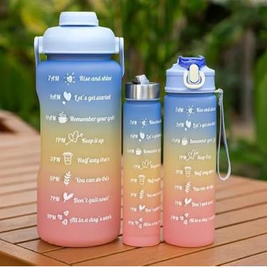 Imagem de Kit 3 Garrafa de Água Motivacional Garrafa Squeeze 2 Litros Com Canudo, Alça e Tampa Antivazamento Suporte para celular (Azul)