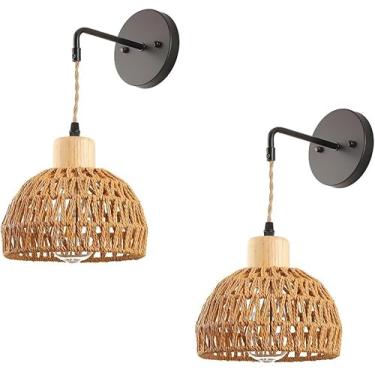 Imagem de Scones De Parede De Rattan, Conjunto De Duas Lâmpadas De Parede, Estilo Boho, Luminárias De Vaidade De Banheiro, Espelho Superior, Lâmpada De Parede De Fazenda Para Sala De Estar, Quar, L