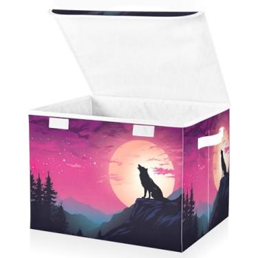Imagem de Blueangle Cestos de armazenamento Lonely Wolf uivando com tampas, 42 x 32 x 30 cm, grande cesta organizadora dobrável para decoração de casa e escritório (598)