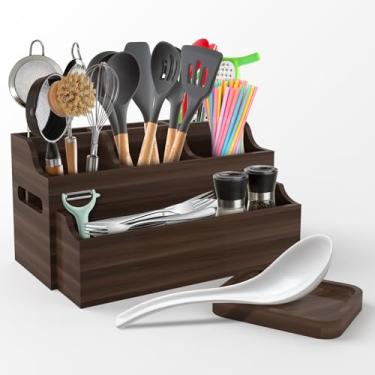 Imagem de DIOLOVE Organizador grande de utensílios de madeira - Recipiente de armazenamento de cozinha para cozinhar e talheres com tapete de diatomita, suporte de bancada ou parede para colheres e espátulas