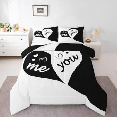 Imagem de Erosebridal Conjunto de edredom You and Me, preto e branco, com coração, romântico, casamento, King, presente de dia dos namorados, presente de casal para ele e ela