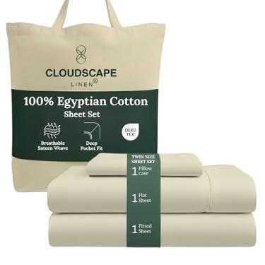 Imagem de Jogo de cama solteiro de algodão egípcio de camada dupla Cloud Scape Linen – Tecido de cetim de fibra longa, 3 peças de jogo de cama essencial de qualidade de hotel macio, bolsos profundos de até 43