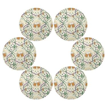 Imagem de Wassud Jogo americano conjunto de 6 tapetes de mesa redondos de cervejas Mardi Gras para cozinha e jantar tapetes laváveis resistentes ao calor para decoração de mesa 39 cm