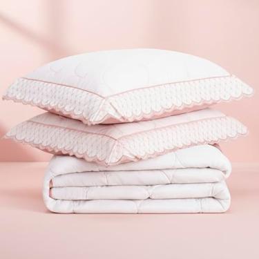 Imagem de Kit Enxoval Colcha Queen Dupla Face Lavive Serele Percal 200 Fios Laise Bordada Cobreleito 3 Peças (Rose palha)