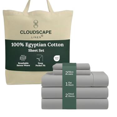 Imagem de Conjunto de lençóis de luxo Cloud Scape Linen 100% algodão egípcio (Split King, prata)