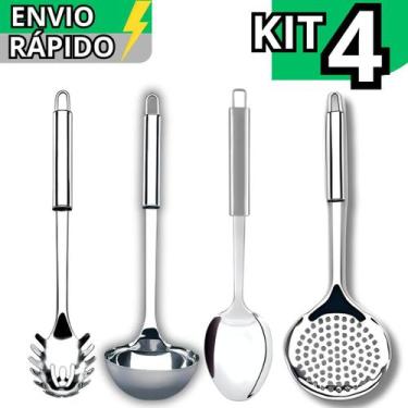 Imagem de Kit 4 Utensílio de Cozinha Inox Premium Escumadeira Concha Colher de A