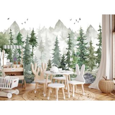 Imagem de LOOWAP Papel de parede autoadesivo verde floresta berçário aquarela floresta mural de parede para quarto de meninas e meninos