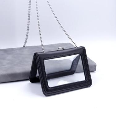 Imagem de Porta-crachá de couro dupla face com alça de pescoço porta-cartão de identificação material de escritório capa de cartão de couro dobrável (estilo 9)