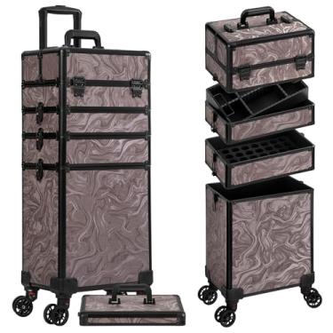 Imagem de JINGUAN Estojo de maquiagem com rodinhas 5 em 1 organizador de carrinho de cosméticos para salão de beleza, carrinho de barbeiro com rodas, para mulheres, cabeleireiro, artista de viagem, tinta marrom