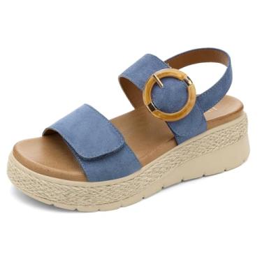 Imagem de UBFEN Sandálias femininas plataforma espadrille salto baixo - suporte de arco ortopédico, palmilha acolchoada, sandálias confortáveis e elegantes com fivela para caminhadas e férias, Azul, 37
