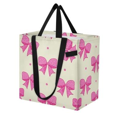 Imagem de SEHANY Sacolas de compras reutilizáveis com laço rosa fofo com alças reforçadas, bolsa de compras de lona dobrável à prova d'água de grande capacidade para viagem, cozinha, praia