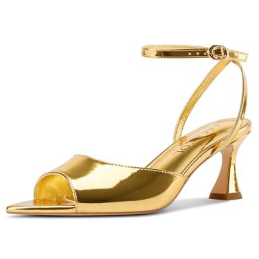 Imagem de Aachcol Sandálias femininas de salto gatinho de couro envernizado com tira no tornozelo e salto de 6 cm, Dourado, 38