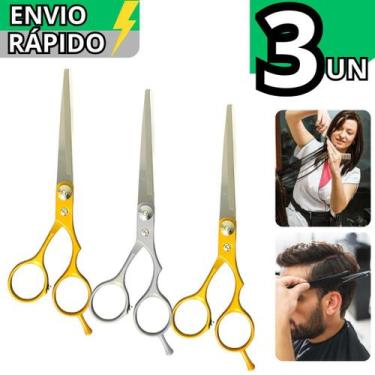 Imagem de Kit 3 Tesoura Cabeleleiro Barbeiro Profissional Em Inox N6 Barba Cabel