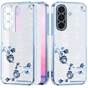 Imagem de Yarxiawin Capa de telefone para Samsung S25 FE 5G, efeito glitter para Samsung Galaxy S25 FE capa de silicone transparente fina macia estética Shockpooof capa rosa floral para mulheres (prata-azul)