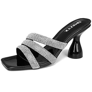 Imagem de OHXZTX Sandálias femininas quadradas com strass sem cadarço, peep toe, salto grosso, mules, moda sexy, vestido de casamento aberto nas costas, chinelos de salto alto, Preto, 8