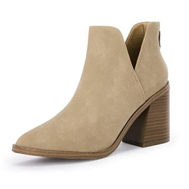 Imagem de FISACE Botas femininas de salto médio empilhadas com bico fino e zíper em couro sintético, Nobuck cáqui, 7