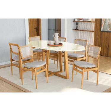 Imagem de Mesa Cozinha Elma Premium Madeira Maciça c/ Tampo Madeirado c/ Vidro 180x105cm e 6 Cadeiras Stela Carvalho/Off White - Boucle Bege Fendi-Kappesberg