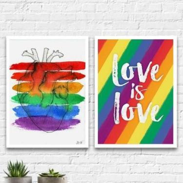 Imagem de Kit 2 Quadros Lgbt Coração Gay 24X18Cm Com Vidro - Branca - Quadros On