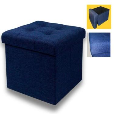 Imagem de Banco Puff De Madeira Tecido Azul Marinho Baú Guarda Volume - BTC Deco