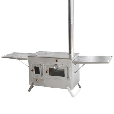 Imagem de Grande fogão de cozinha para acampamento ao ar livre com forno, fogão quente portátil com chaminé (prata)