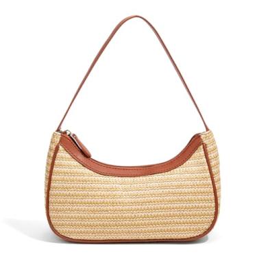 Imagem de Dreubea Bolsa feminina de tecido nas axilas, bolsa leve de palha, transversal, alça superior, cáqui