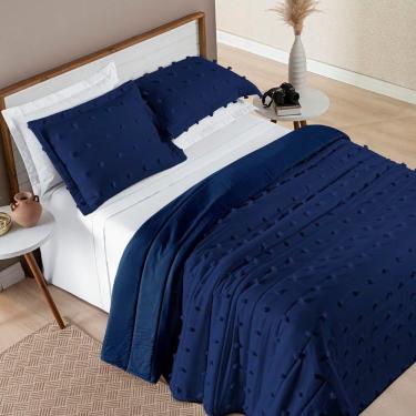 Imagem de Kit Cobre Leito Colcha Sofist Padrão 3 Peças Micropercal 300 Fios Azul Marinho