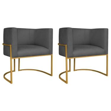 Imagem de Kit 02 Poltronas Decorativas Luna Base De Ferro Dourado Linho Cinza Escuro