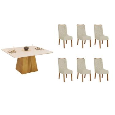 Imagem de Conjunto: Mesa Sala Jantar Itália c/ Tampo Madeirado c/ Vidro Curvo 136x136cm e 6 Cadeiras Jade Cedro/Off White - Linho Neve - DJ Móveis