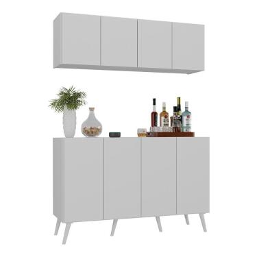 Imagem de Kit Bar Armário Aéreo E Aparador 4 Portas Retrô Multimóveis Mp1086 Branco Branco