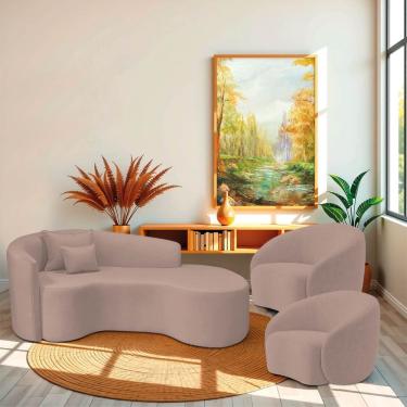 Imagem de Kit Recamier Curvo Sala De Estar Inglaterra 180cm Lado Direito E 2 Poltronas Orgânica Luxo Amore Linho Rosê