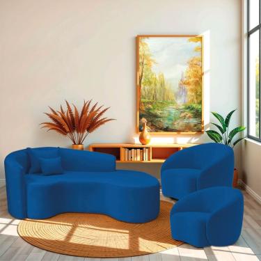 Imagem de Kit Recamier Curvo Sala De Estar Inglaterra 200cm Lado Direito E 2 Poltronas Orgânica Luxo Amore Linho Azul Royal