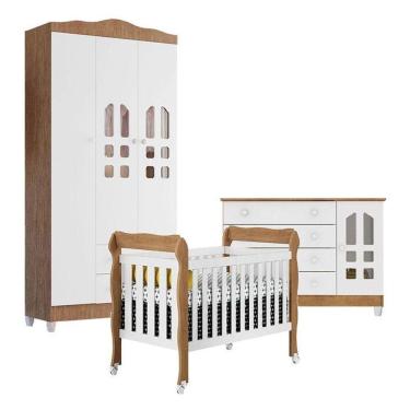 Imagem de Quarto De Bebê New Selena 3 Portas Com Berço Lila E Cômoda Gran Selena Branco Acetinado Amadeirado – Carolina Móveis