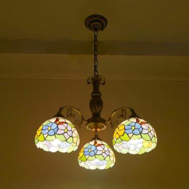 Imagem de Lustre de estilo Tiffany [3 luzes] de pingente de vidro de vidro luminária de vidro [altura ajustável de 12 polegadas] Luz de teto E26 antigo vintage para a sala de jantar da sala da sala de
