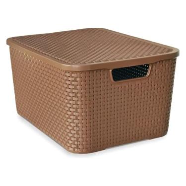 Imagem de Caixa Organizadora Plástica Cesto Rattan 20 Litros Marrom Com Tampa