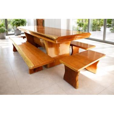 Imagem de Mesa Rústica Jantar Tampo(250cm X 86cm X 5,5cm) com 2 Bancos Laterais(250cm X 36cm x 4cm) e 2 Bancos Cabeceira (80cm x 36cm x 4cm) Pés Taça - Verniz Natural - Madeira Maciça de Garapeira – 10 lugares