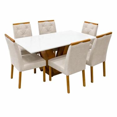 Imagem de Mesa de Jantar Classic 160x80cm com Vidro e 6 Cadeiras Jasmim em Linho Estofadas Cel Móveis Cor Cinamomo Off White com Tecido Bege