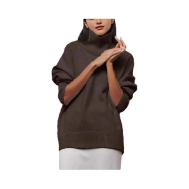 Imagem de Suéter Feminino De Tricô Grosso De Gola Alta Quente Para Outono/Invern