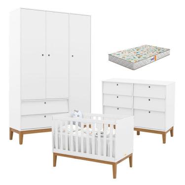 Imagem de Quarto de Bebê Unique 3 Portas com Cômoda 6 Gavetas em MDF 136 cm Branco Soft Eco Wood...