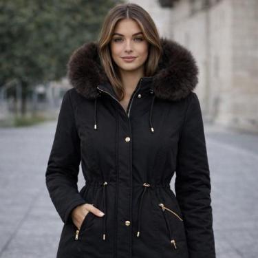 Imagem de Jaqueta Sarja Parka Feminina Com Cordão De Ajuste Cintura Casaco De In