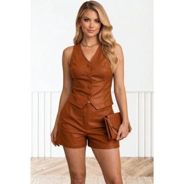 Imagem de Conjunto material sintético Shorts e Colete Frente única Cor:CarameloT